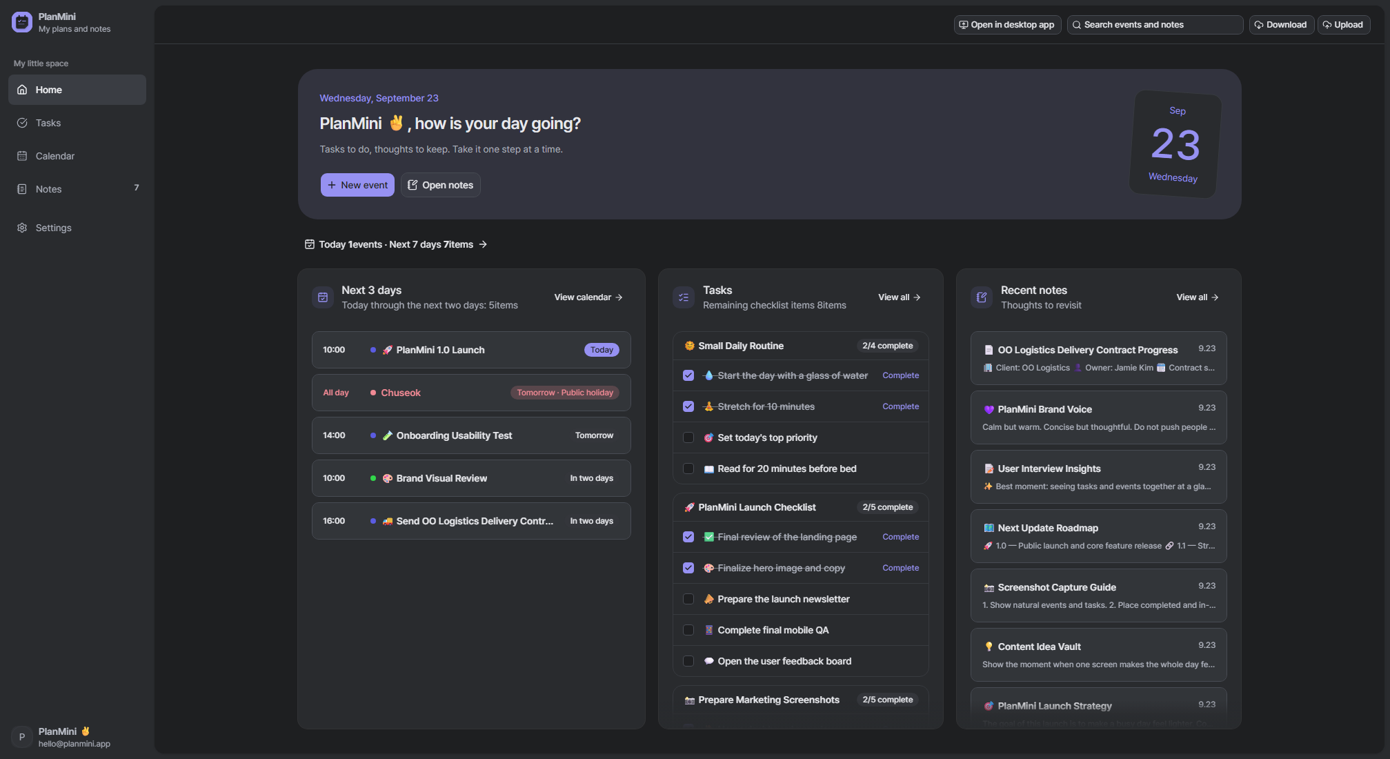 PlanMini Home in dark mode