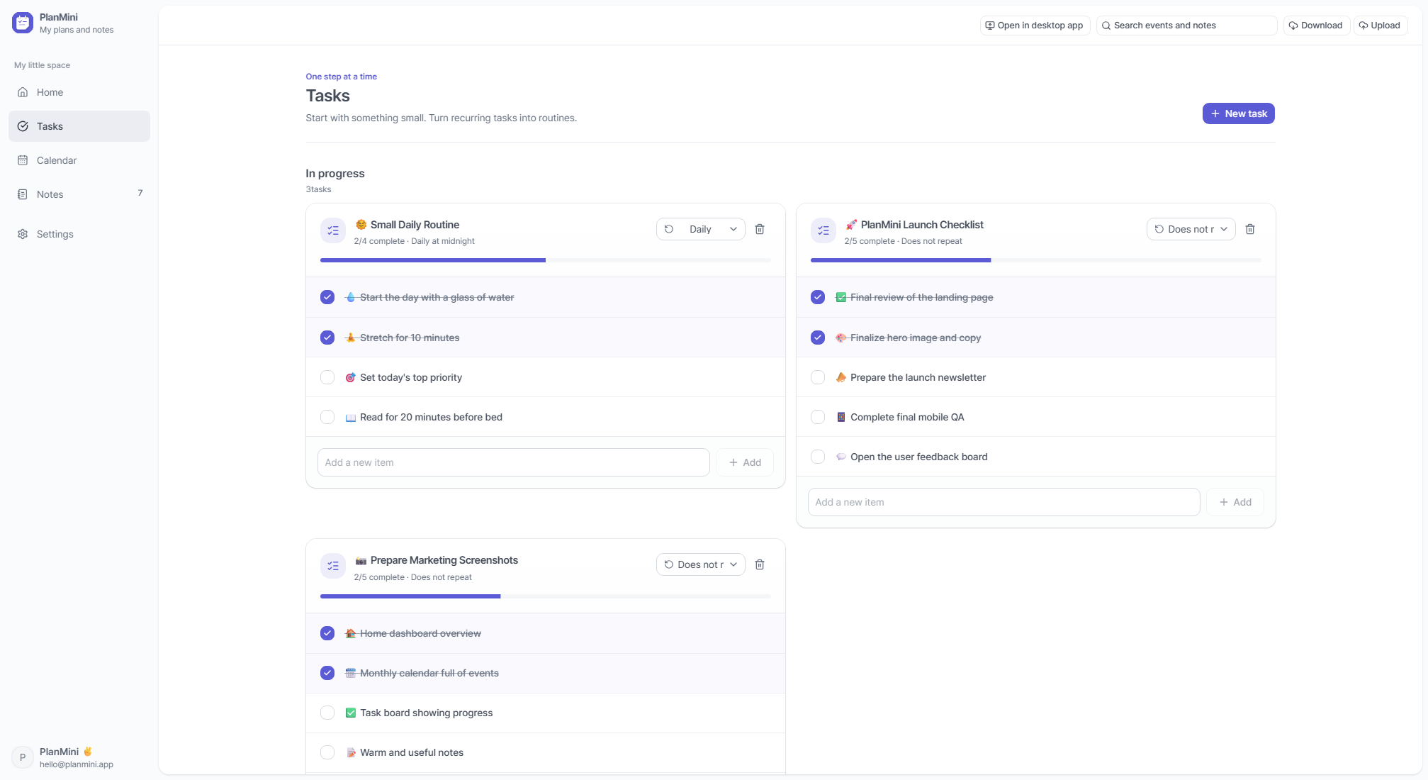 Task lists with progress and daily routines