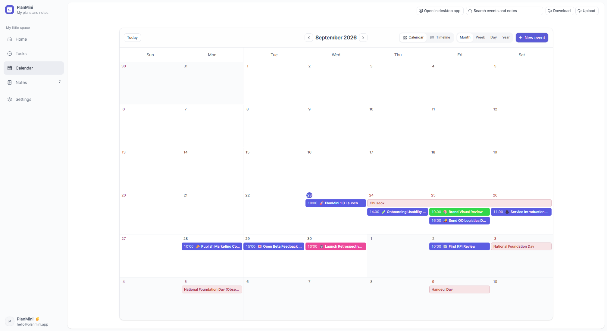 Monthly calendar with color-coded events