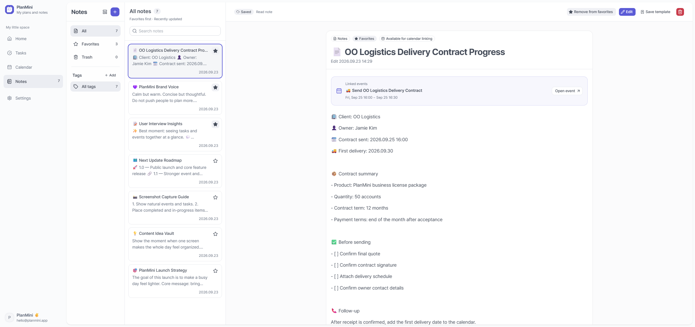 Delivery project notes linked to a calendar event