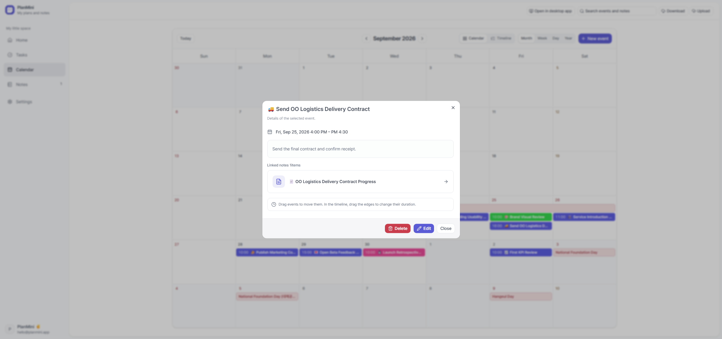 An event with a shortcut to its linked note